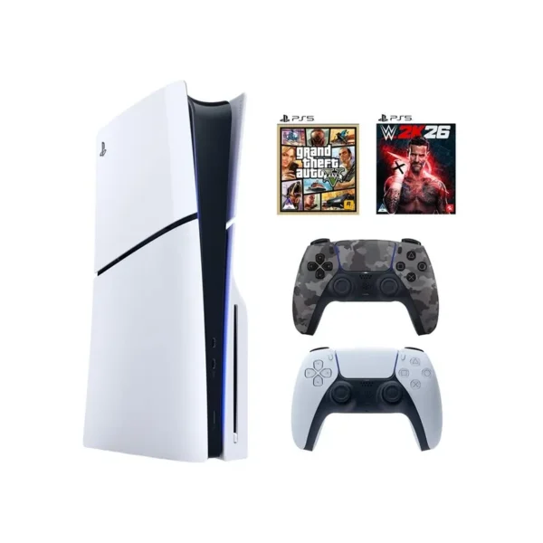 PlayStation 5 Disc Edition + DualSense GreyCamo + GTA V + WWE 2K26 (PS5) — BUNDLE