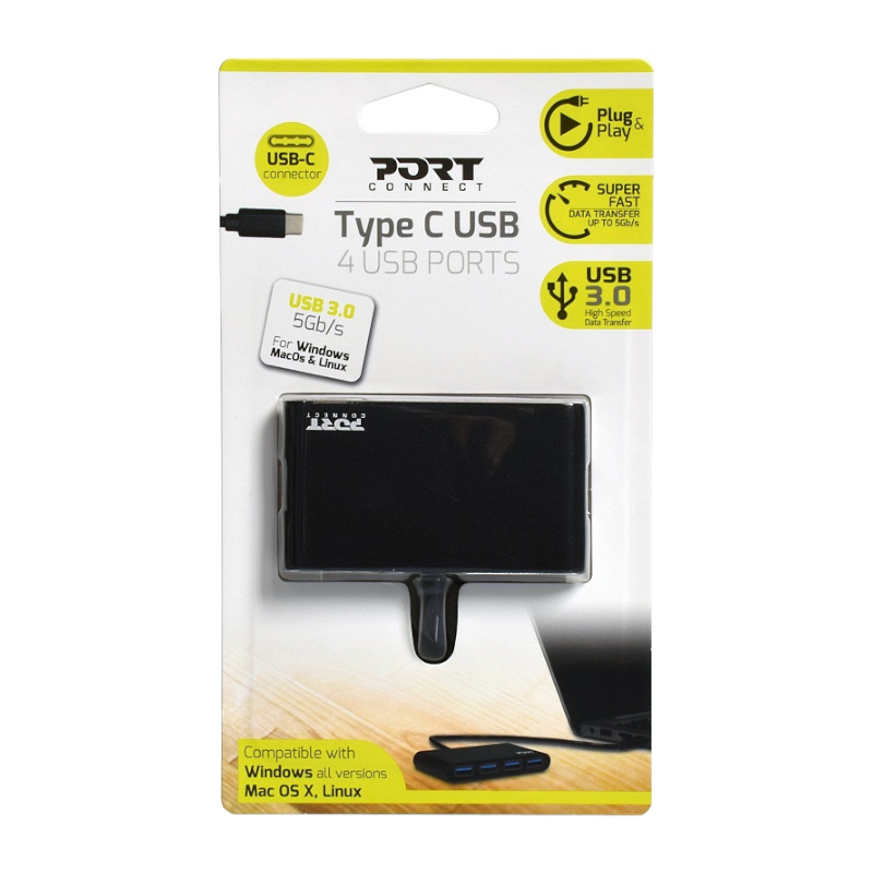 900123_wr_01a Port USB Type-C to 4 x USB3.0 5Gbps 30cm 4 Port Hub - Black - Image 1