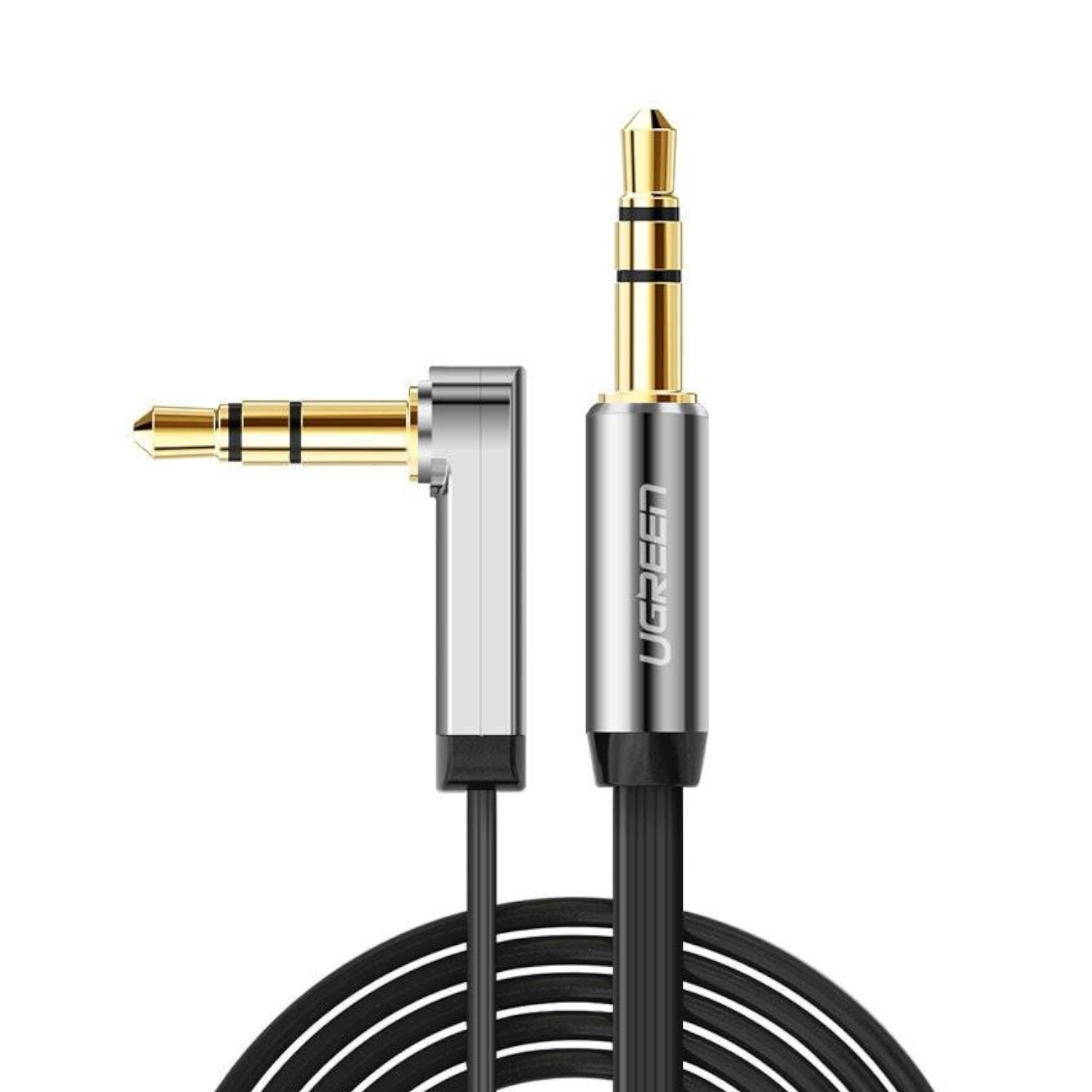 AV119-10599_UGREEN-AV119-Right-angled-3.5mm-Flat-Aux-Cable-2m_wr_01a UGREEN AV119 Right-angled 3.5mm Flat Aux Cable 2m - Black/Silver - Image 1