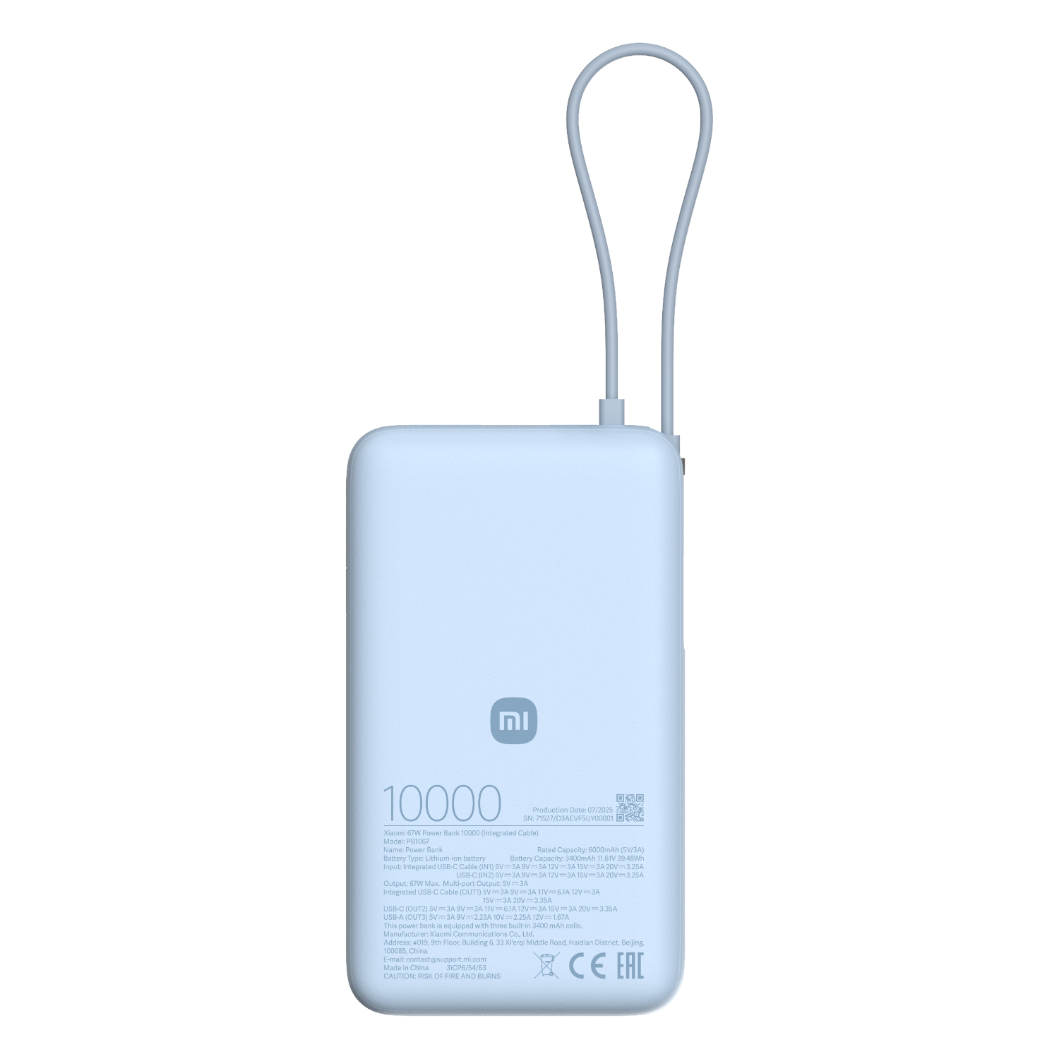 BHR08NZGL_Xiaomi-67W-Power-Bank-10000-Integrated-Cable-Ice-Blue_wr_01a Xiaomi 67W Power Bank 10000mAh (Integrated Cable) - Ice Blue - Image 1