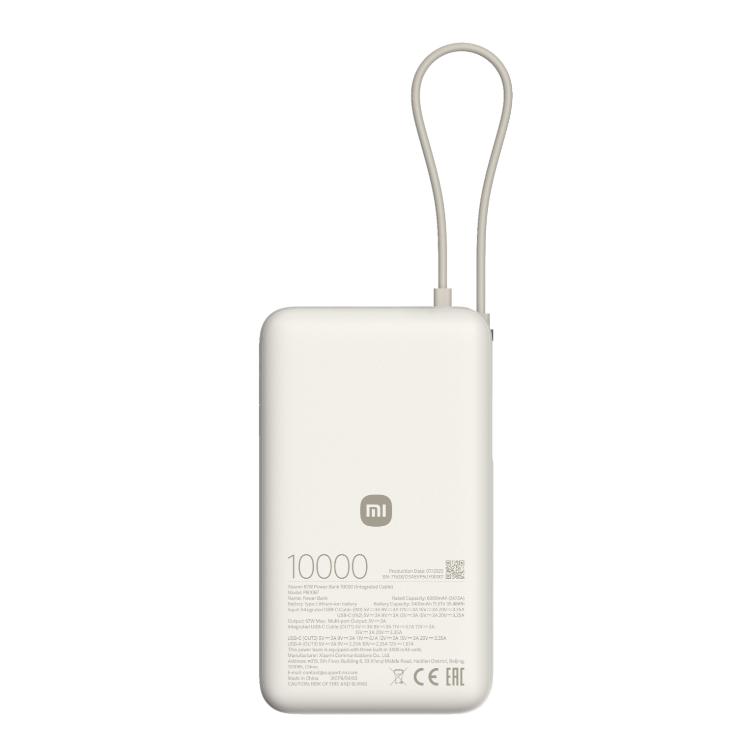 BHR08O0GL_Xiaomi-67W-Power-Bank-10000-Integrated-Cable-Tan_wr_01a Xiaomi 67W Power Bank 10000mAh (Integrated Cable) - Tan - Image 1