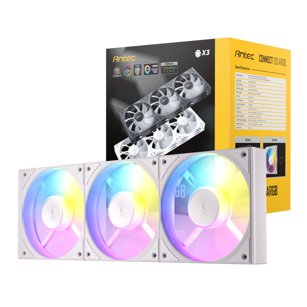 C120-ARGB-3PK-WH_wr_01 Antec Connect 120 ARGB PWM Fan 3 Pack - White - Image 1