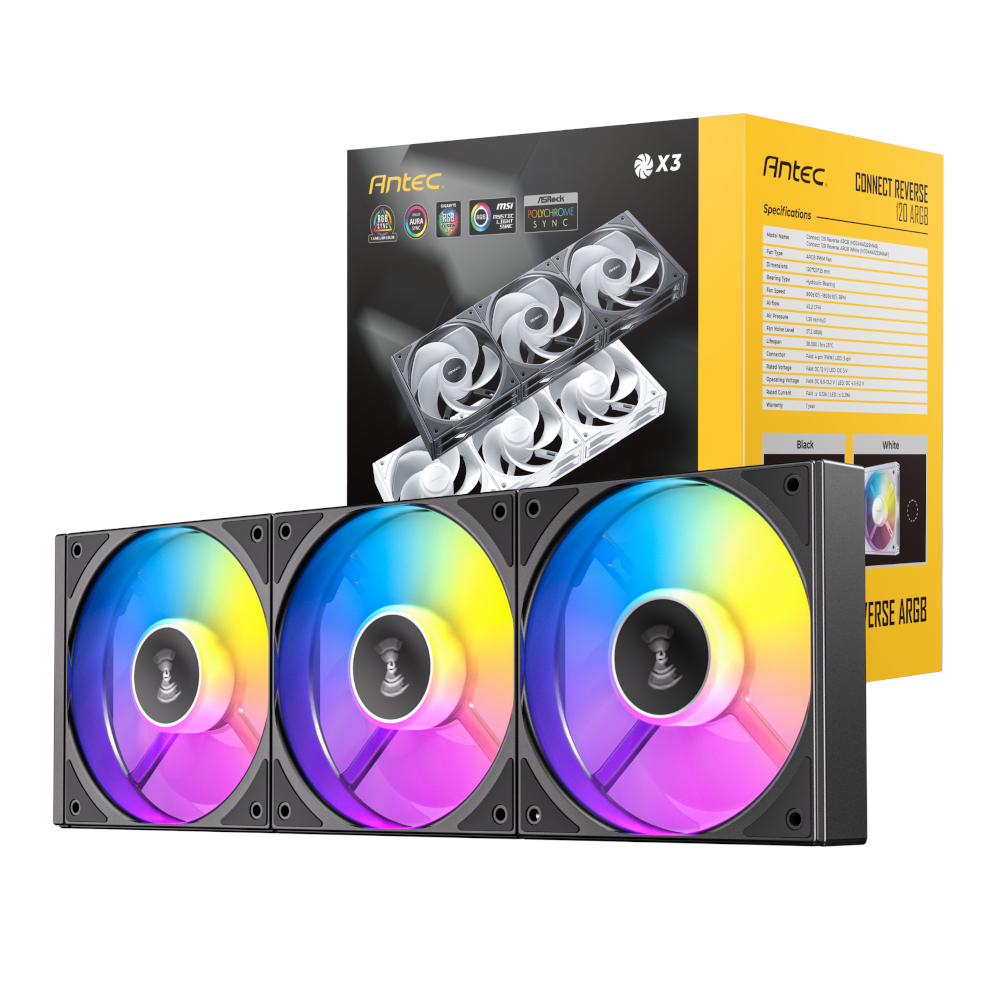C120R-ARGB-3PK-BK_wr_01 Antec Connect 120 Reverse ARGB PWM Fan 3 Pack - Black - Image 1