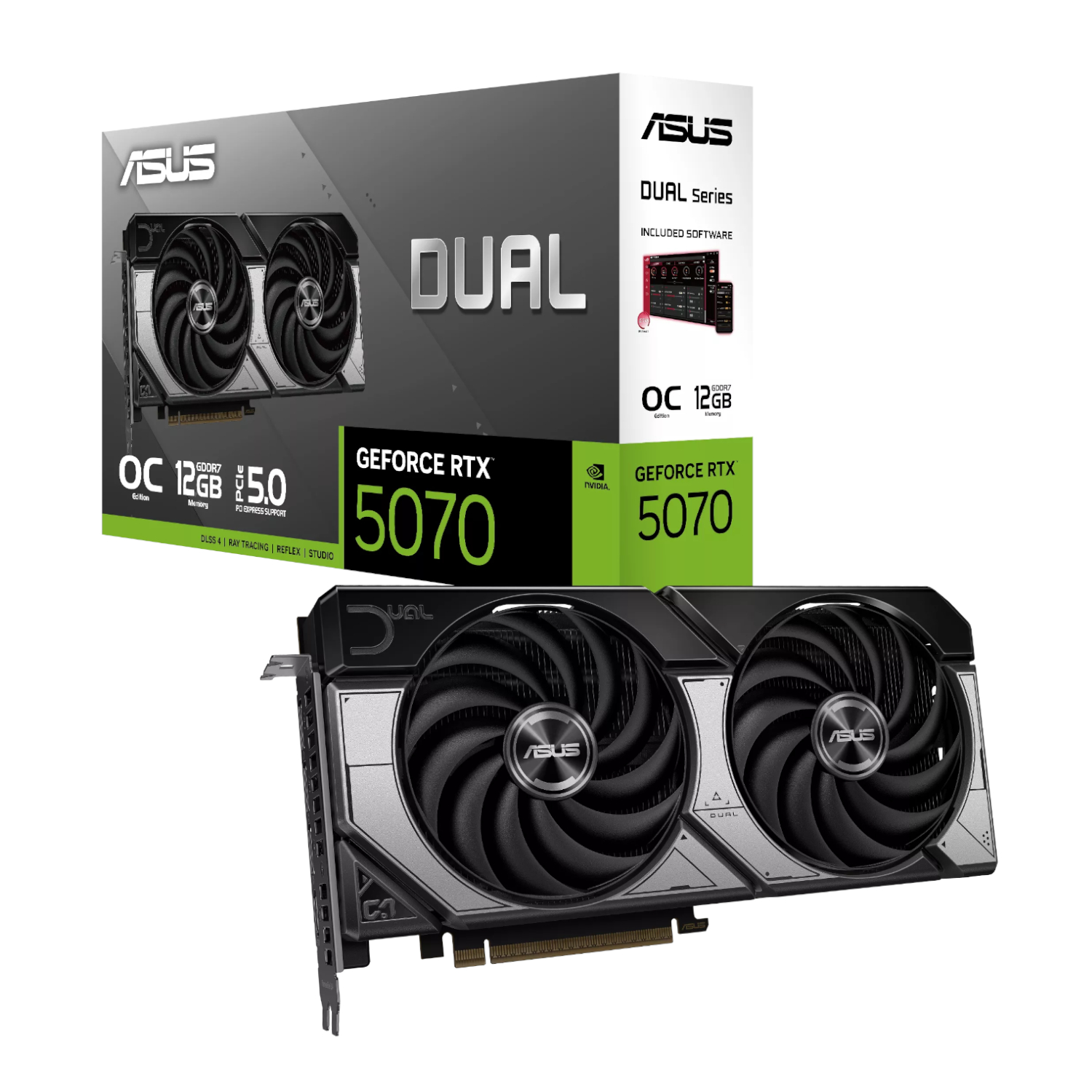 DUAL-RTX5070-O12G_ASUS-Dual-GeForce-RTX-5070-12GB-GDDR7-OC-Edition-Graphics-Card_wr_01a ASUS Dual GeForce RTX 5070 12GB GDDR7 OC Edition Graphics Card - Image 1