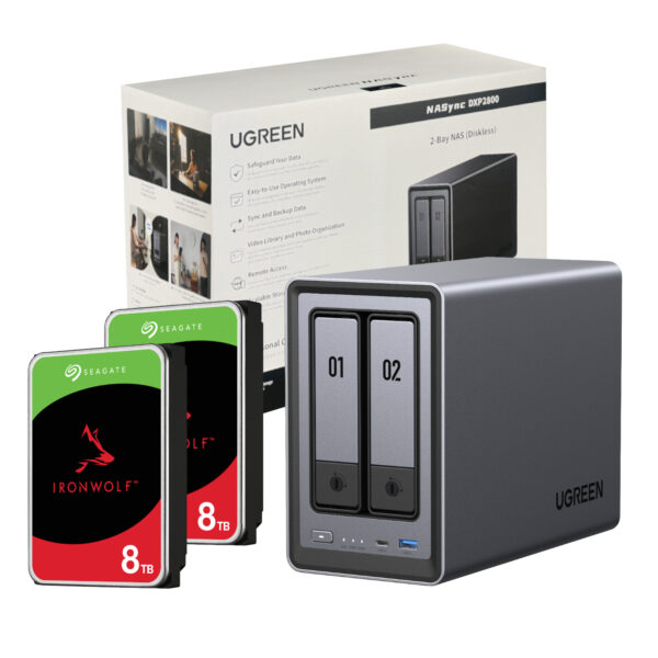 UGreen NASync DXP2800 2 Bay NAS with Seagate Ironwolf NAS 16TB SATA Hard Drive V2 Bundle (2x 8TB)