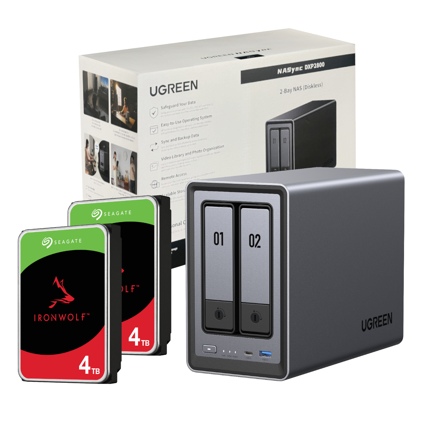 DXP2800-8TB_UGreen-DXP2800-2-Bay-NAS-with-2-x-4TB-Seagate-Ironwolf-HDD_wr_01a UGreen NASync DXP2800 2 Bay NAS with Seagate Ironwolf NAS 8TB SATA Hard Drive Bundle (2x 4TB) - Image 1
