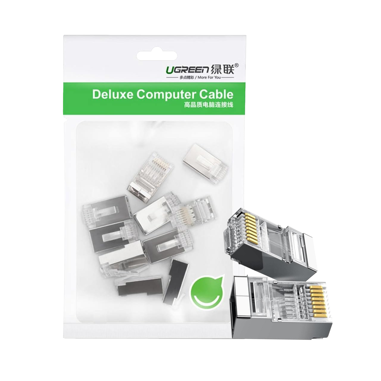 NW111-50248_UGreen-NW111-RJ45-Cat6-Ethernet-Network-Head_wr_01 UGREEN NW111 RJ45 Cat6 Ethernet Network Head 100 Pack - Silver/Transparent - Image 1