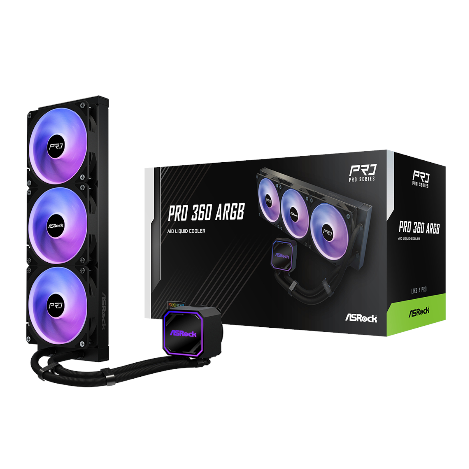 PRO-360-ARGB_ASRock-PRO-360-ARGB-All-in-one-Liquid-CPU-Cooler-Black_wr_01a ASRock PRO 360 ARGB All-in-one Liquid CPU Cooler - Black - Image 1