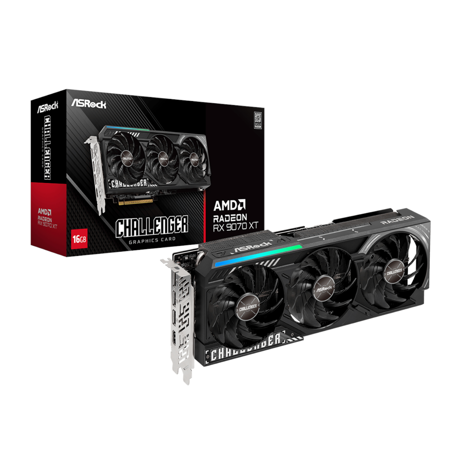 RX9070XTCHALLENGER16G_ASRock-Radeon-RX9070-XT-Challenger-16G-Graphics-Card-Black_wr_01 ASRock Radeon RX9070 XT Challenger 16G Graphics Card - Image 1